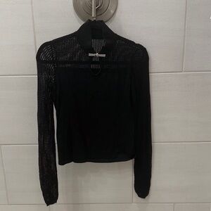 Commense Black Open-Weave Long Sleeve Top with Metal Accent